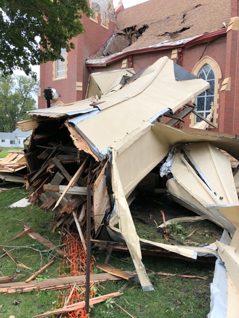 Our Lady of Mt. Carmel steeple after weather damage