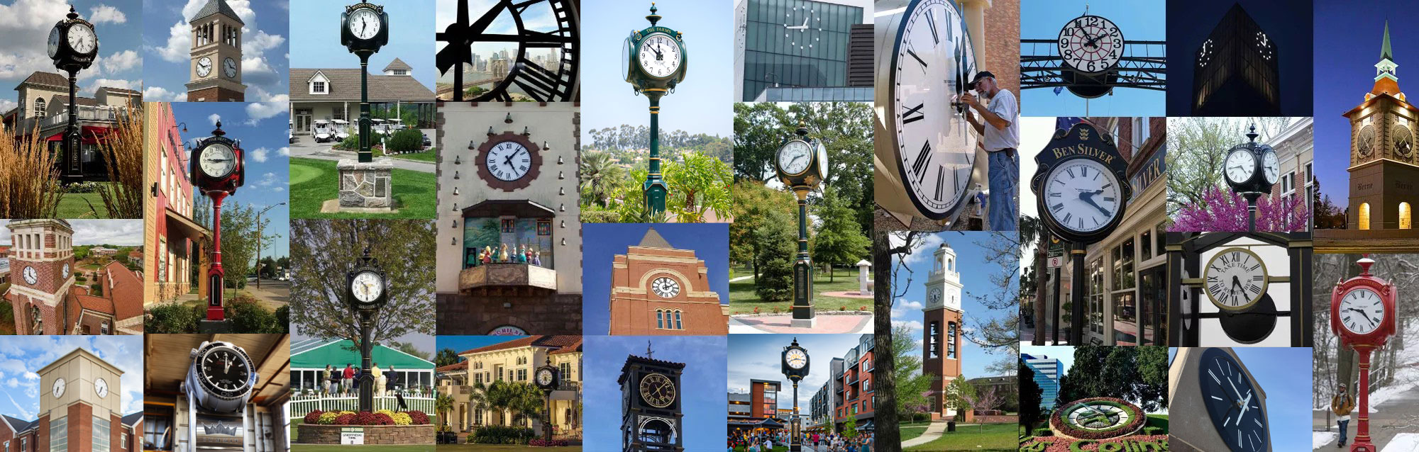 A photo collage of post clocks and tower clocks