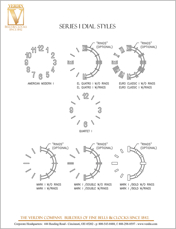 Tower clock series one dial style options illustrations