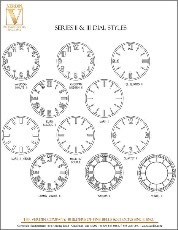 Tower clock series two and three dial style options illustrations