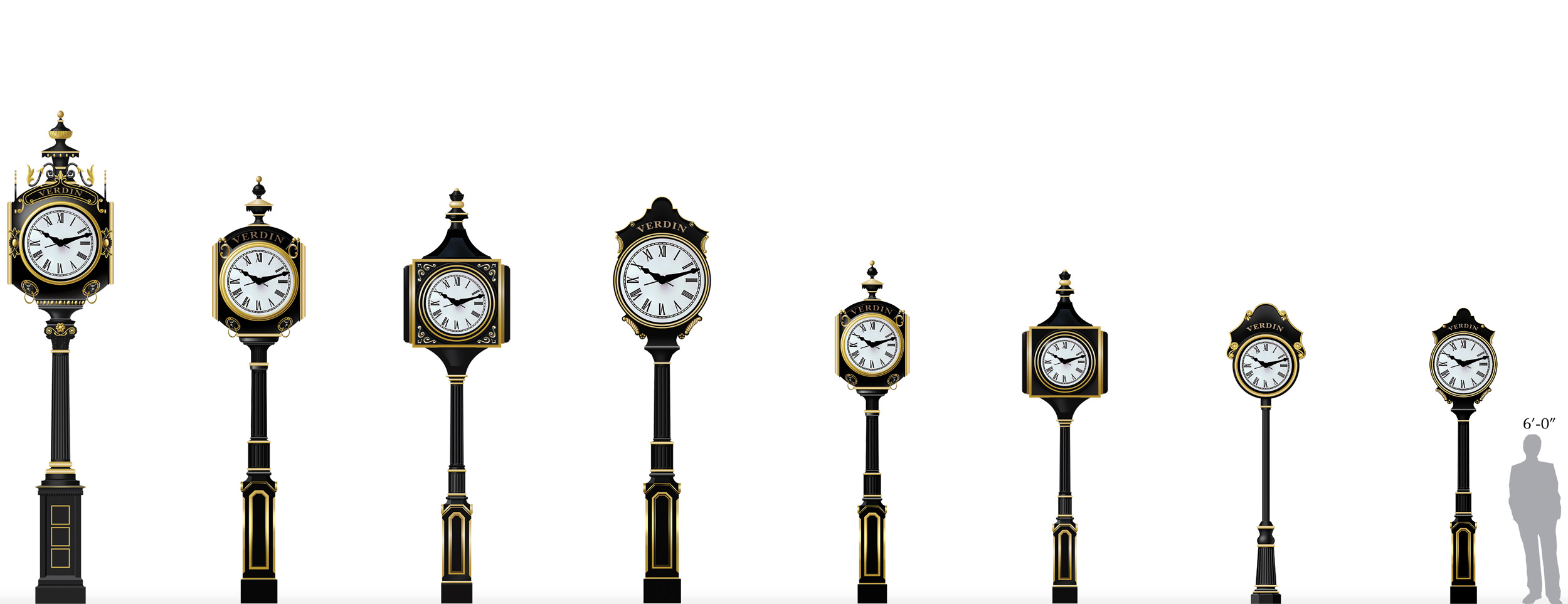 Lineup of Verdin Post Clock designs