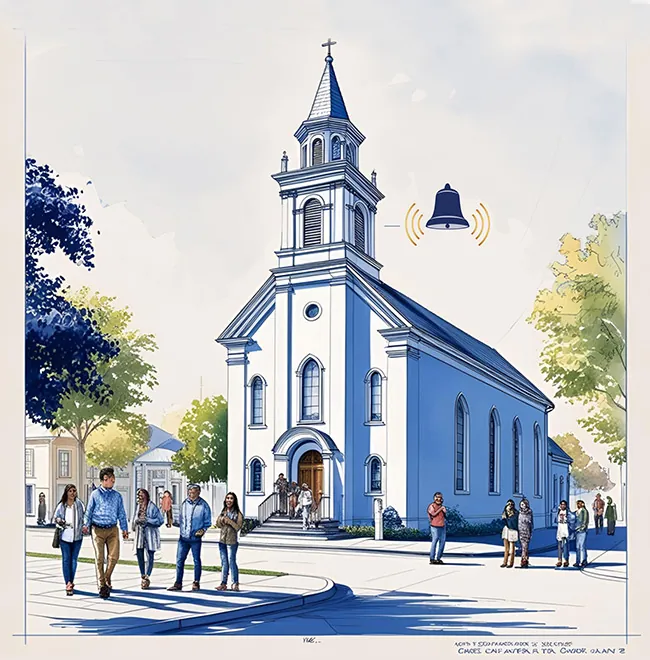 A digital illustration of a white church with a tall steeple, surrounded by trees and people walking on the sidewalk. The church features a large entrance and is depicted in a serene neighborhood setting. Above the church, a bell icon symbolizes the Community Alert System.