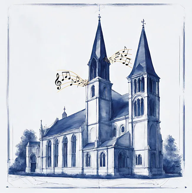A blue and white illustration of a church with two spires, adorned with swirling musical notes around the towers.