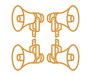 Line art illustration of four bullhorn speakers.