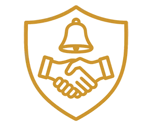 Line art illustration of a bell and a handshake inside a shield.