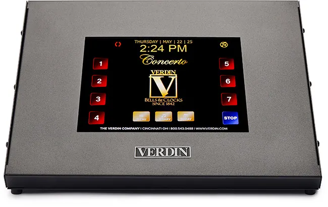 A grey Concerto Digital Carillon device showcasing a large touchscreen display with a sleek minimalist design. The screen features the current date and time, prominently displaying the Verdin & Concerto logos. It has seven programmable buttons, a stop button, and buttons labeled "Menu," "Library," and "Today".