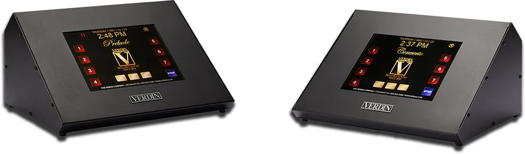 Concerto&Prelude_SeperatedAngled--web Prelude and Concerto Digital Carillons - two grey carillon devices featuring large touchscreen displays with a modern minimalist design. The screens show the current date and time, along with the Verdin & device logos. There are seven programmable buttons, a stop button, and additional buttons labeled "Menu," "Library," and "Today".