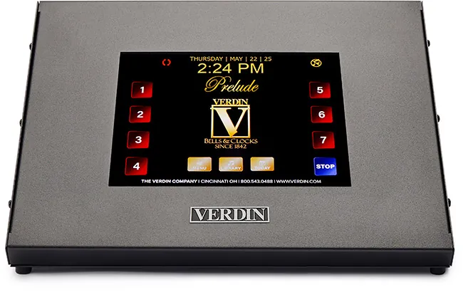 A grey Prelude Digital Carillon device featuring a large touchscreen display with a modern minimalist design. The screen shows the current date and time, along with the Verdin & Prelude logos. There are seven programmable buttons, a stop button, and additional buttons labeled "Menu," "Library," and "Today".