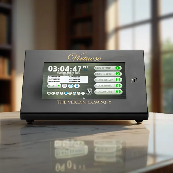 Virtuoso Carillon on a marble tabletop on a brightly lit room with tall windows.